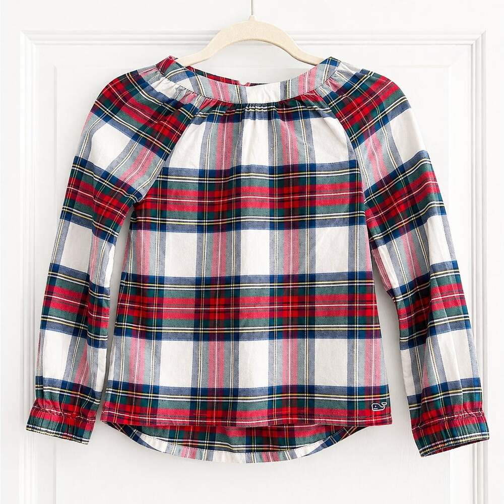 Vineyard Vines Girls M Plaid Peasant Blouse 100% Cotton Long Sleeve Holiday Top